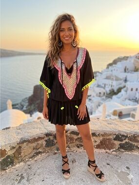 Rock Revival Black Embroidered V-Neck Coverup with Pink and Neon Trim